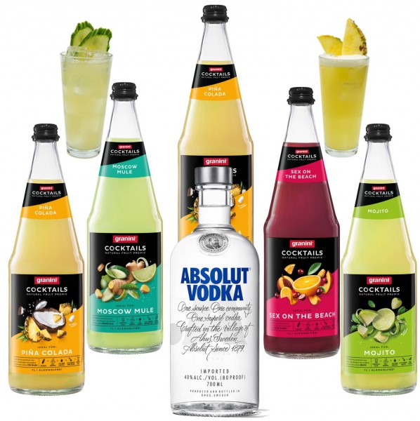 granini vodka cocktail Premix 5 bottiglie in vetro da 1l e 1 bottiglia Absolut in vodka da 0,7l 40 % vol.